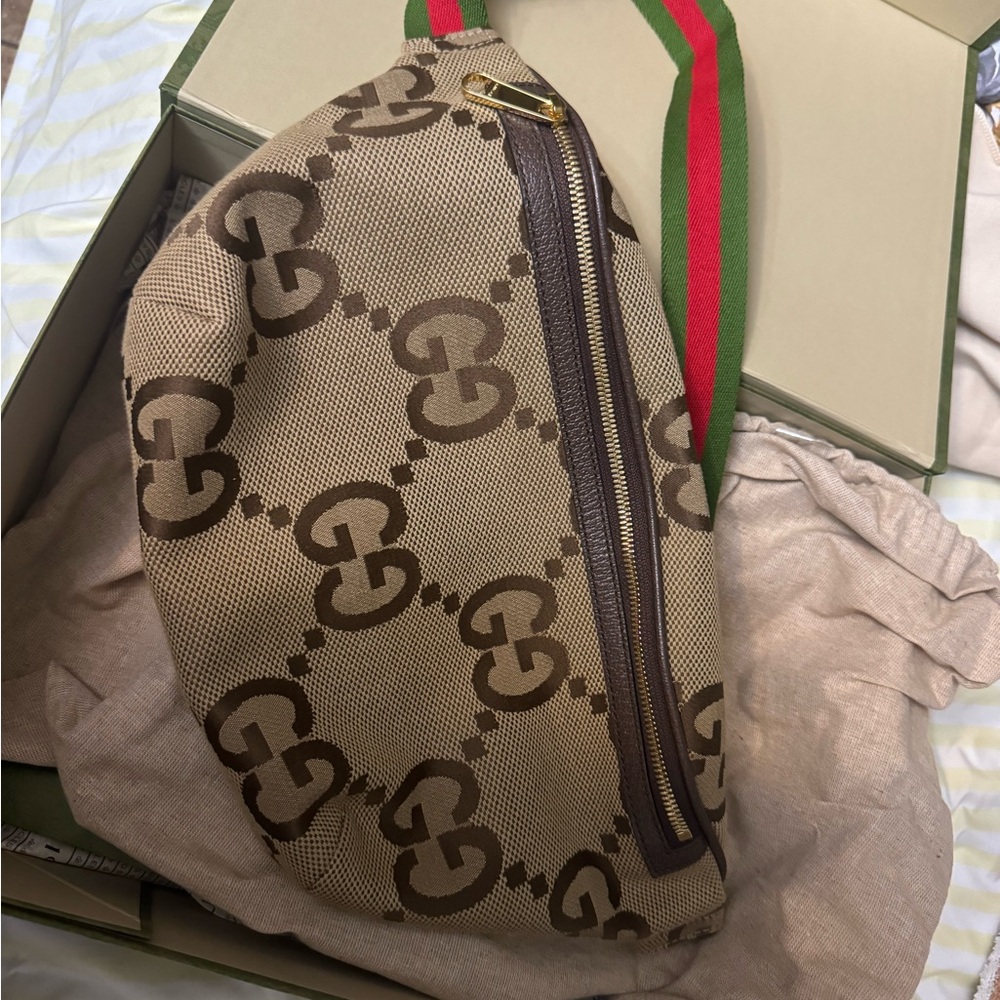Gucci Camel Ebony Canvas Jumbo GG Belt Bag (80)